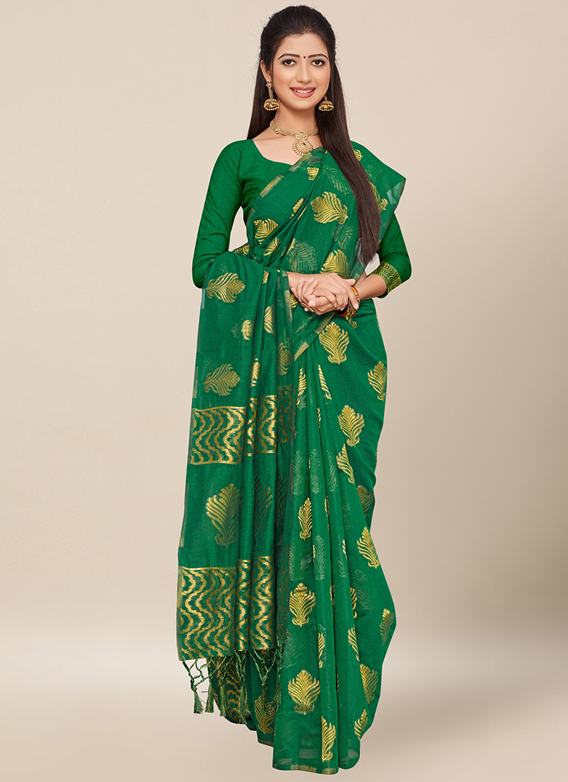 Buy Dark Green Cotton Weaving Saree 