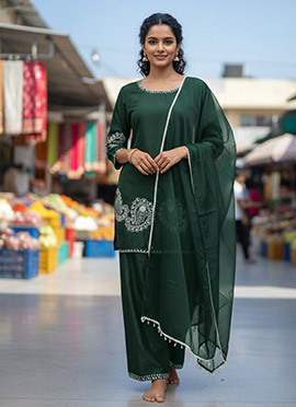 Dark Green Crepe Sequins Embroidered Thread Palazzo Suit