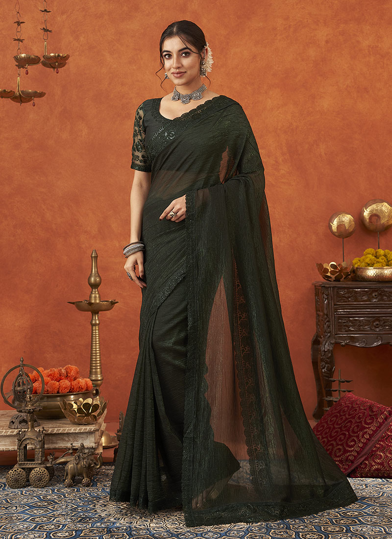 Dark Green Crunchy Silk Embroidered Sequins Saree Festive Wear