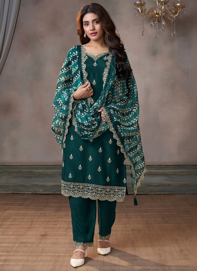 Dark Green Dola Silk Cut Work Straight Pant Suit Festive Wear