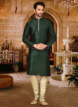 Dark Green Dupion Art Silk Soild Plain Kurta Pyjama