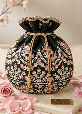 Dark Green Embroidered Art Silk Potli Bag