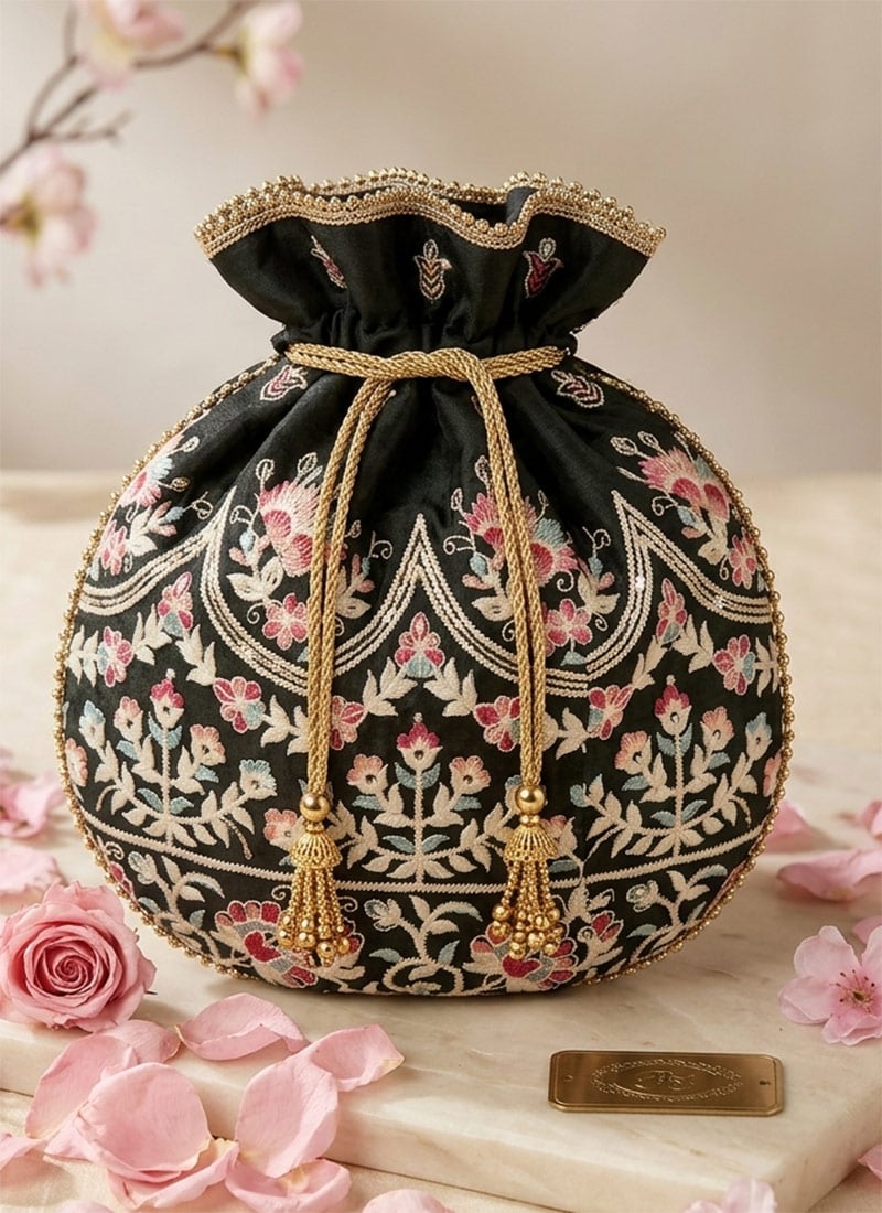 Dark Green Embroidered Art Silk Potli Bag