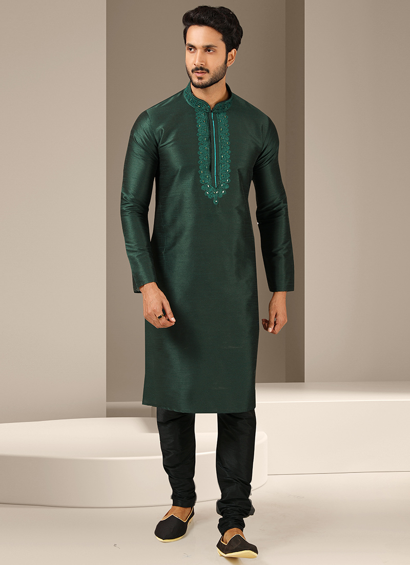 Dark Green Embroidered Banarasi Art Silk Kurta Pyjama Party Wear