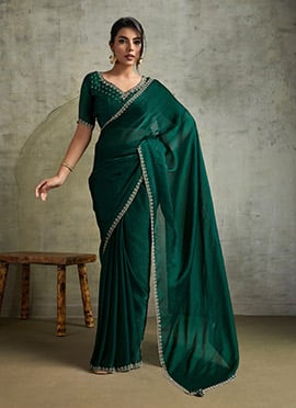 Dark Green Faux Chiffon Stones Saree Festive Wear