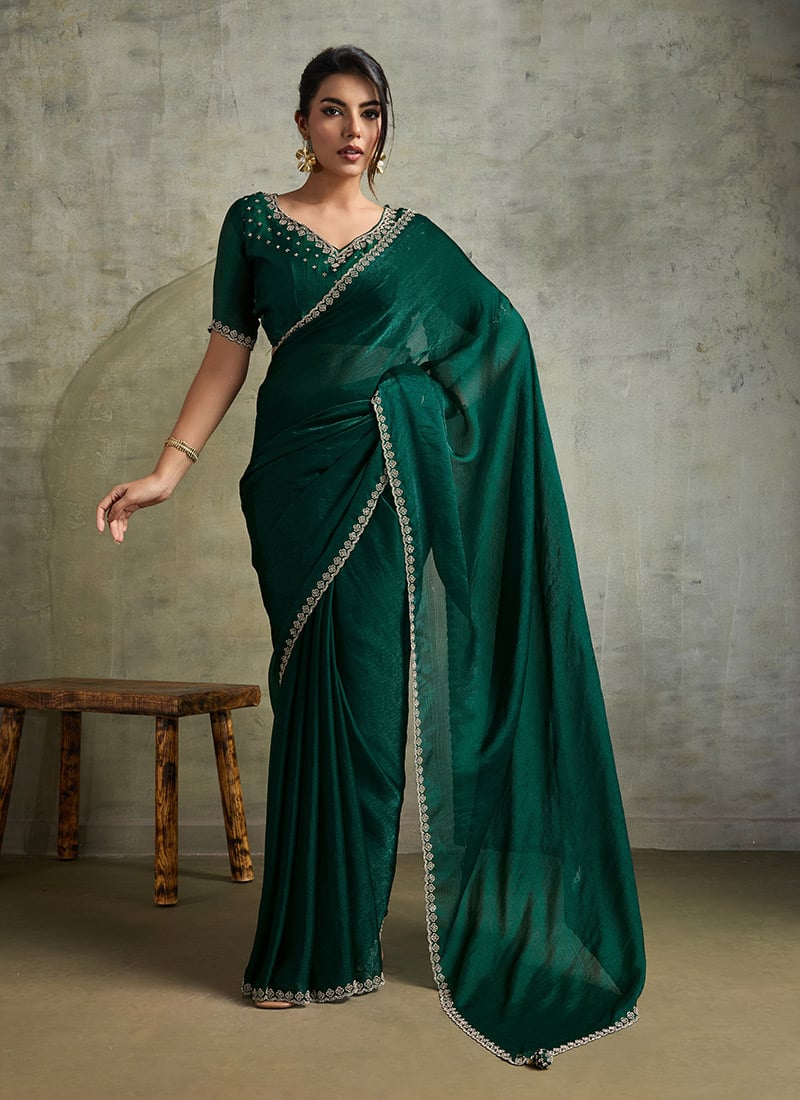 Dark Green Faux Chiffon Stones Saree