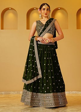 Dark Green Faux Georgette Zari Embroidered Sequins Ravishing Lehenga