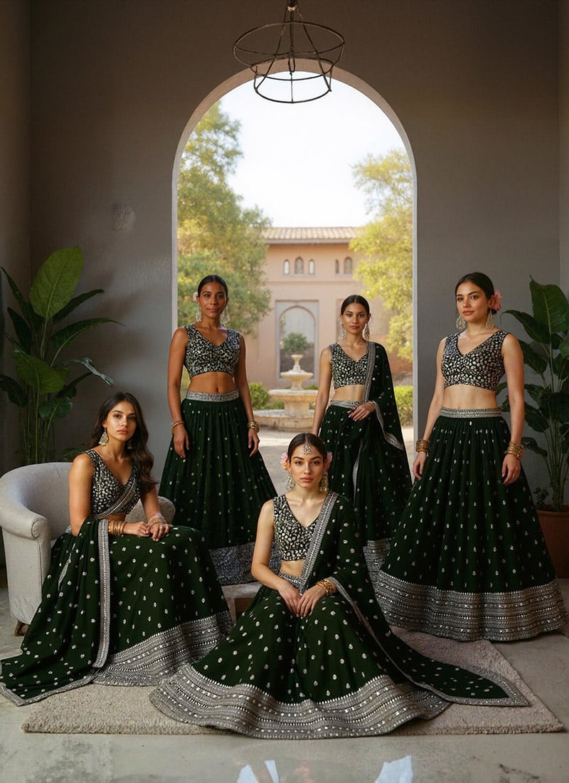 Dark Green Faux Georgette Zari Embroidered Sequins Ravishing Lehenga