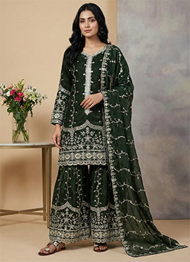 Dark Green Fendy Silk Embroidered Sequins Sharara Suit