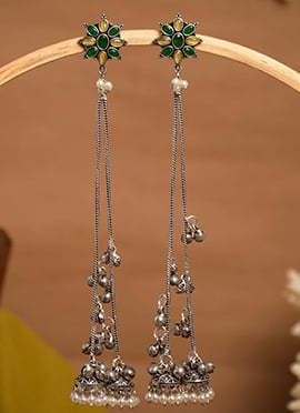 Dark Green Floral Ghungroo Chain Dangler Earrings