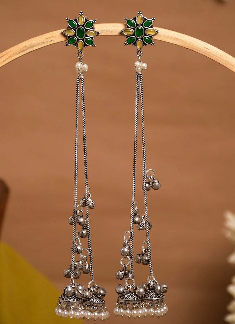 Dark Green Floral Ghungroo Chain Dangler Earrings Festive Wear