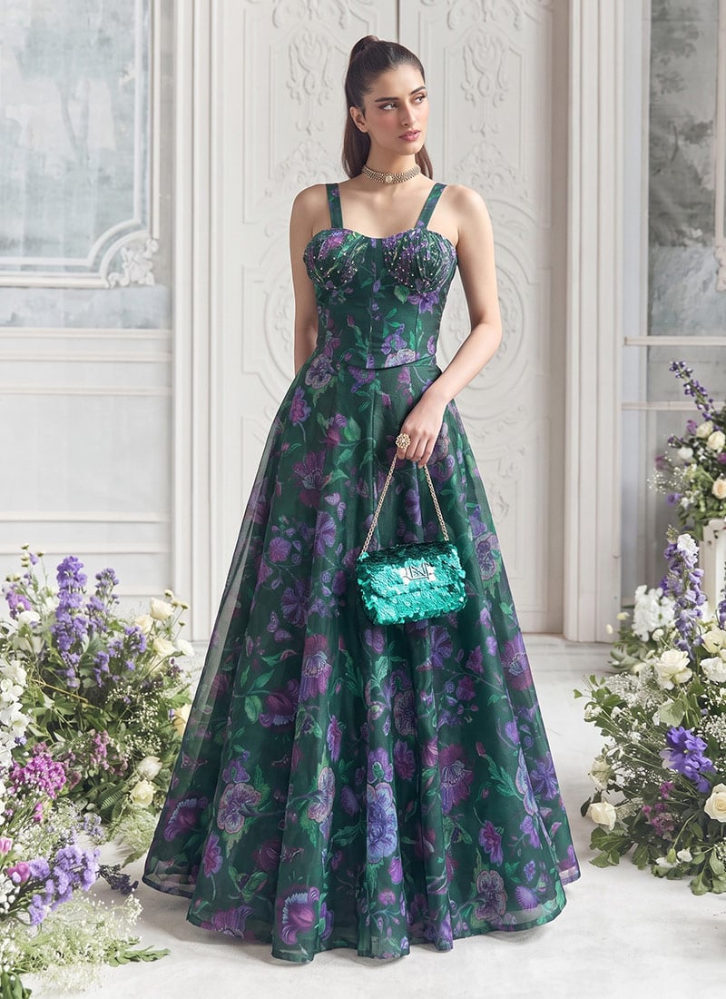 Dark Green Floral Tabby Organza Embroidered Printed Corset Crop Top Skirt Set After Six Wear