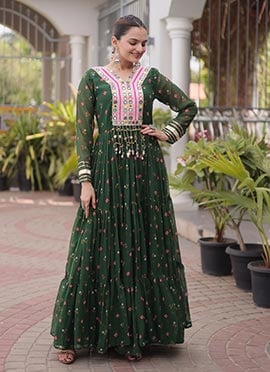 Dark Green Georgette Bandhini Printed Kutchi Patch Work Navratri Gown