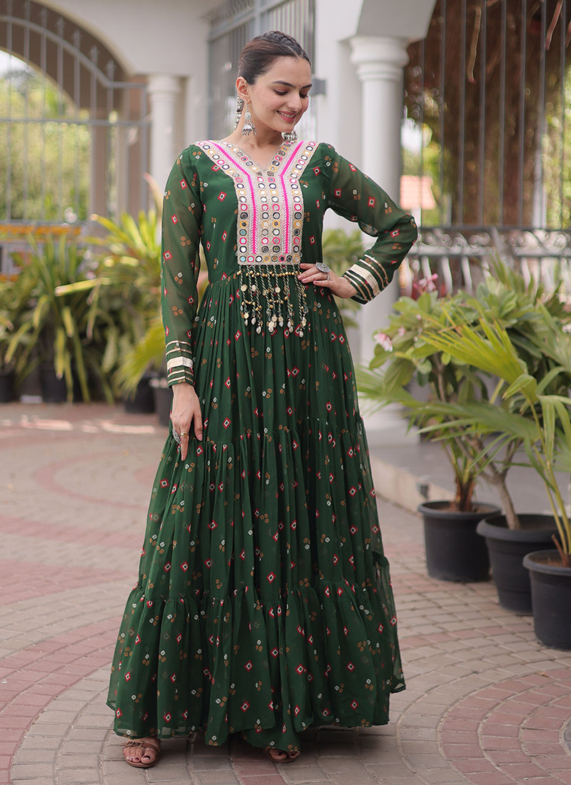 Dark Green Georgette Bandhini Printed Kutchi Patch Work Navratri Gown Festive Wear