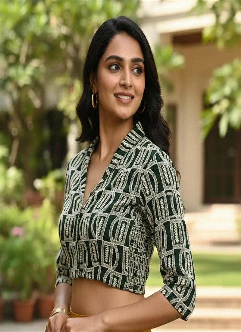 Dark Green Georgette Collar Fancy Blouse After Six Wear