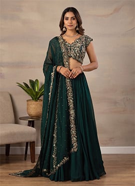 Dark Green Georgette Embroidered Sequins Lehenga