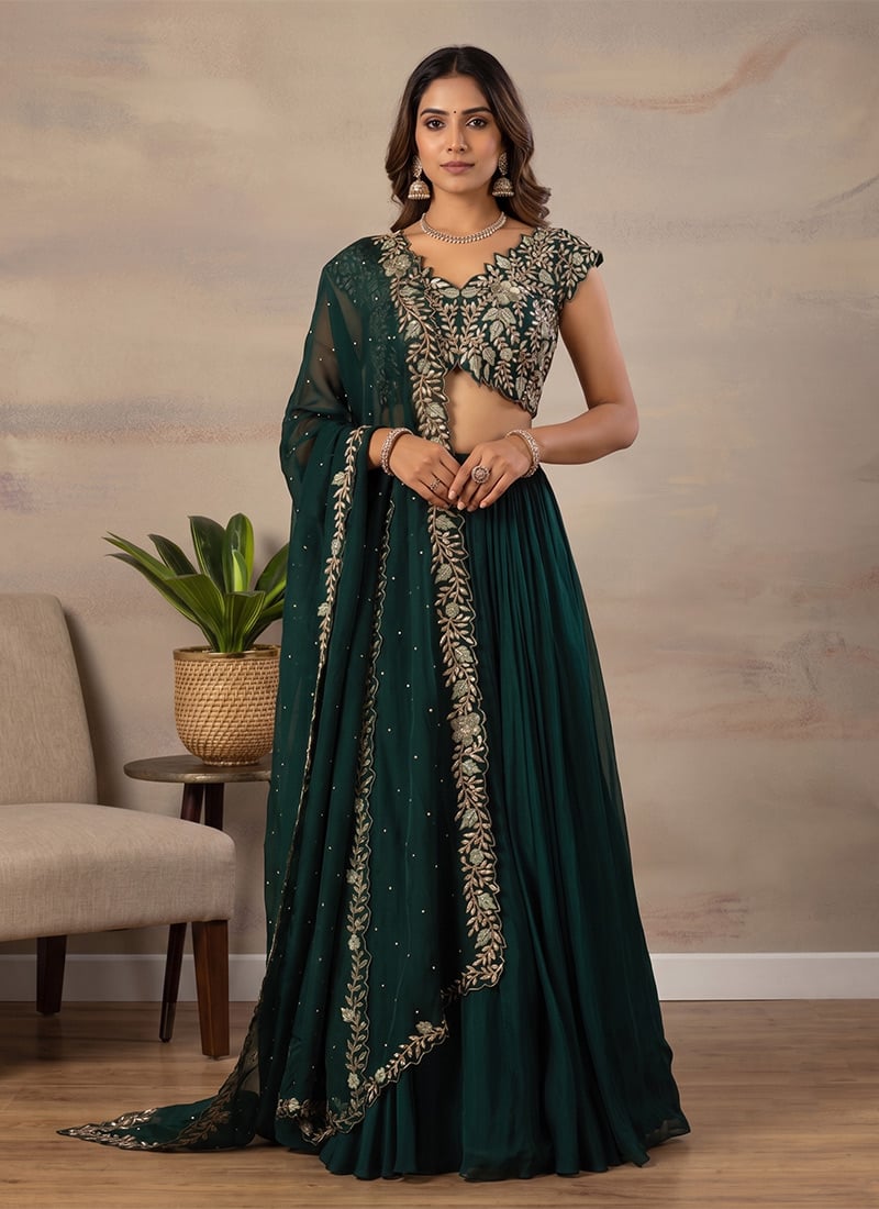 Dark Green Georgette Embroidered Sequins Lehenga Festive Wear