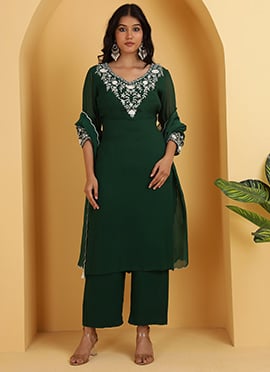 Dark Green Georgette Embroidered Straight Pant Suit