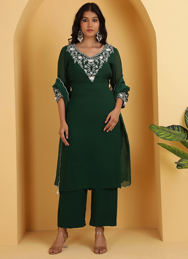 Dark Green Georgette Embroidered Straight Pant Suit Festive Wear