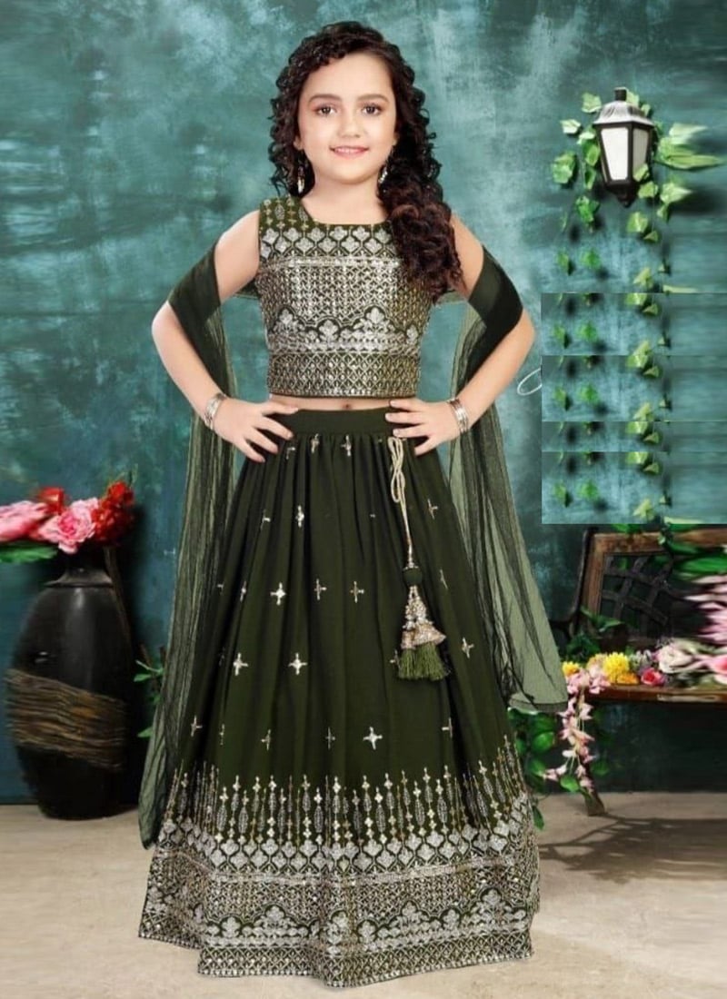 Dark Green Georgette Embroidery Work Lehenga For Kids Girls  Festive Wear