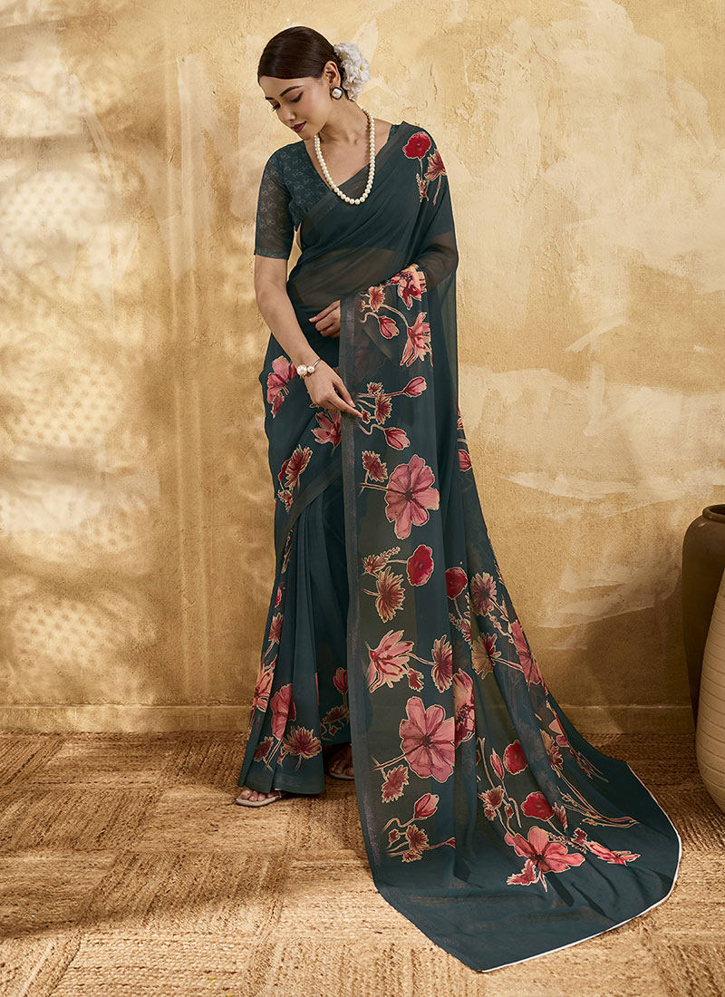 Dark Green Georgette Floral Printed Saree After Six Wear