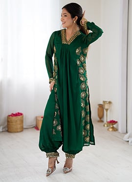 Dark Green Georgette Hand Embroidered Balloon Pant Kurta Set