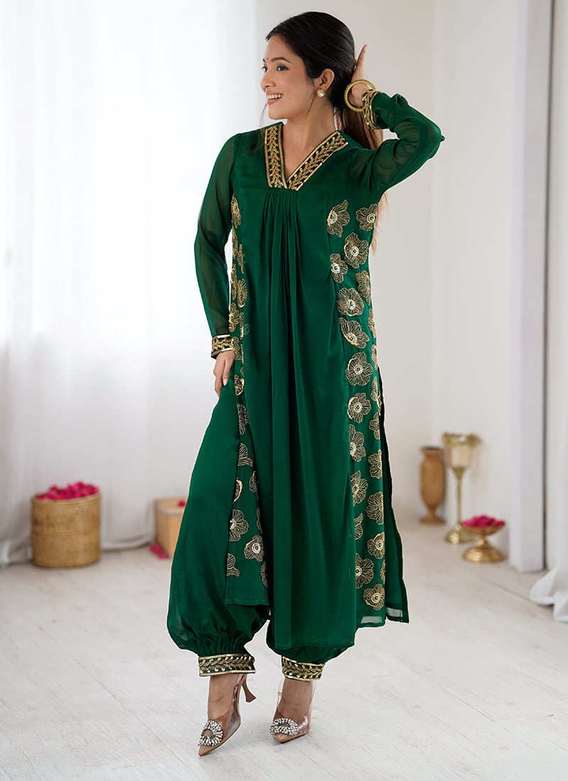 Dark Green Georgette Hand Embroidered Balloon Pant Kurta Set After Six Wear