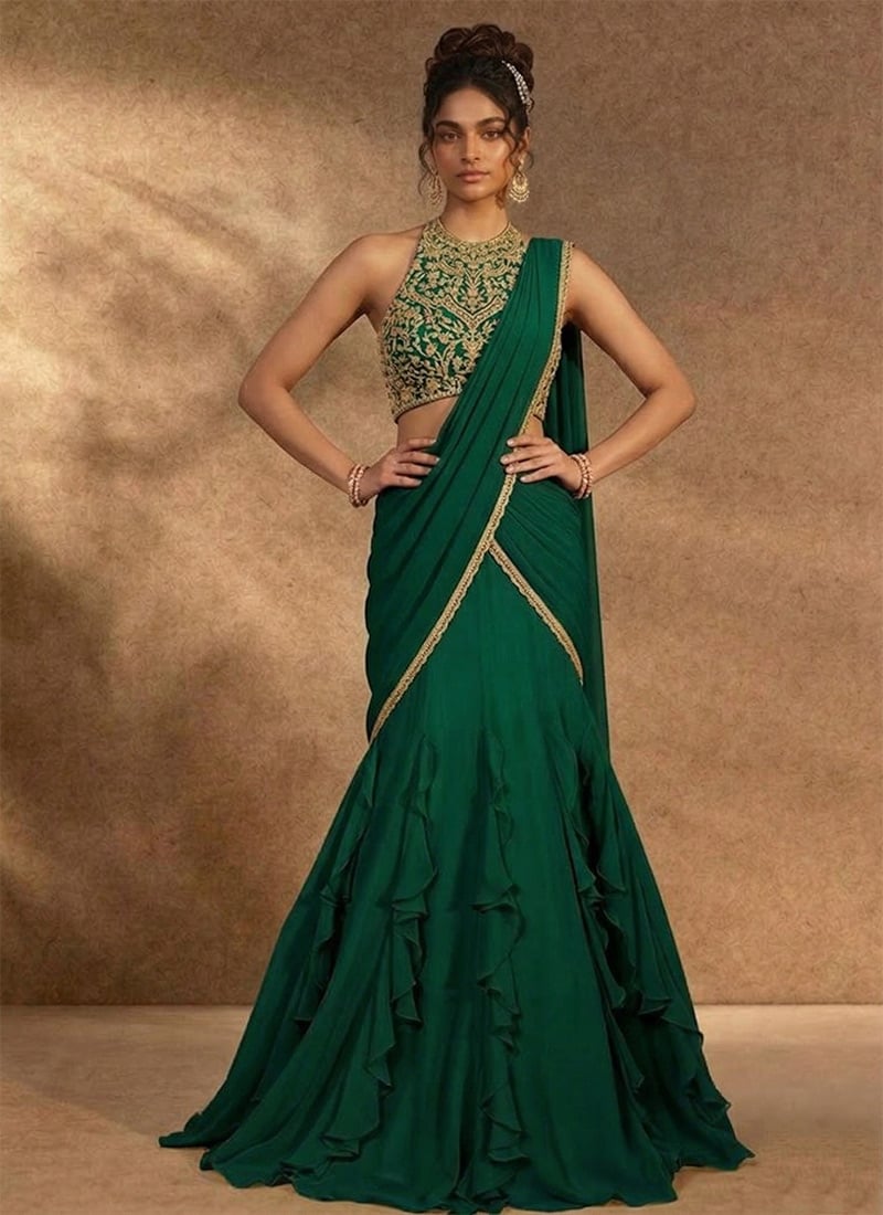 Dark Green Georgette Mermaid Lehenga Set With Sequins Hand Embroidery Wedding Wear