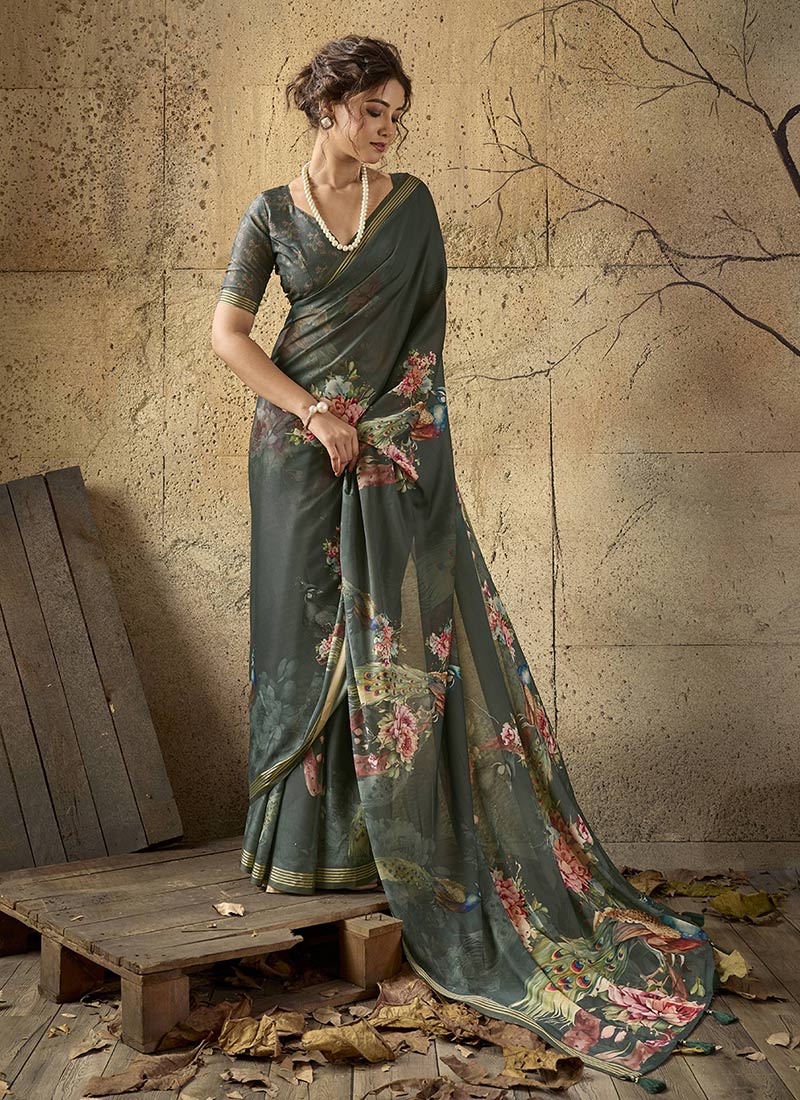 Dark Green Georgette Printed Saree Leisure Wear