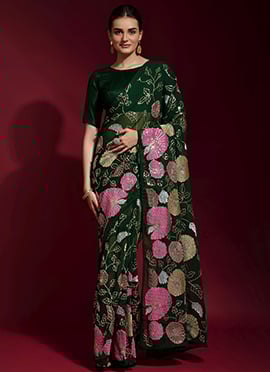 Dark Green Georgette Sequins Embroidered Saree