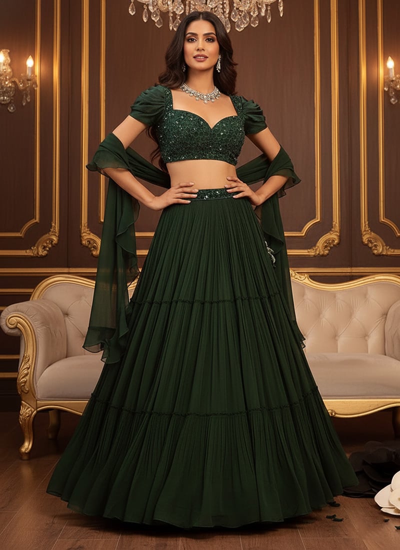 Dark Green Georgette Sequins Lehenga Wedding Wear