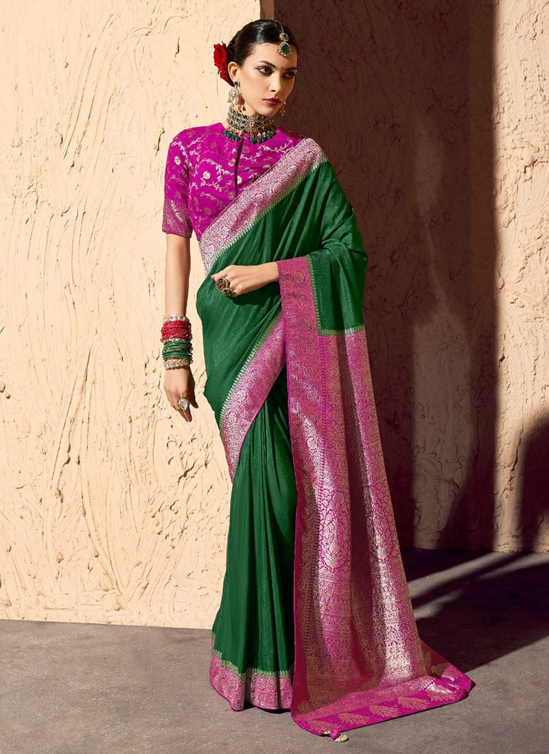 Dark Green Georgette Zari Embroidered Saree Festive Wear