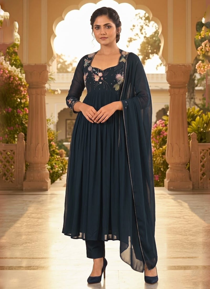 Dark green Georgette Zari Resham Sequins Anarkali Suit Festive Wear