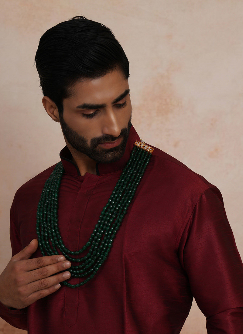 Dark Green Gold Plated Pearl Layered Necklace For Men Wedding Wear