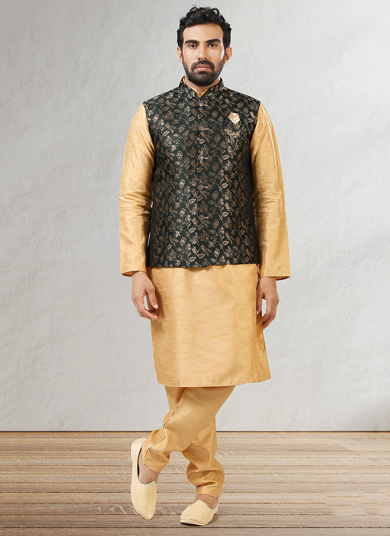 Dark Green Jacquard Benarasi Silk Bandi Set Party Wear
