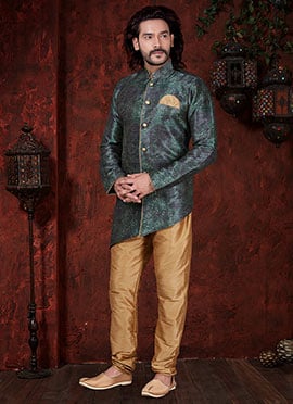 Dark Green Jacquard Indowestern Sherwani