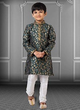 Dark Green Jacquard Silk Boys Kurta Pyjama