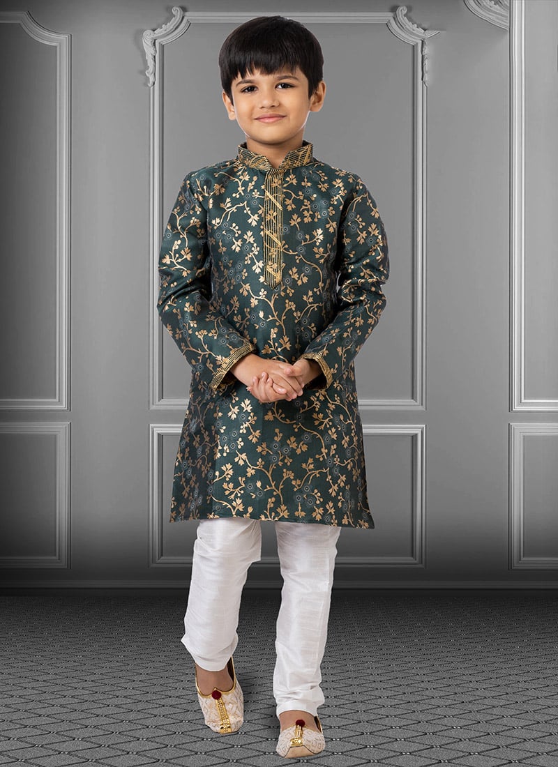 Dark Green Jacquard Silk Boys Kurta Pyjama Party Wear