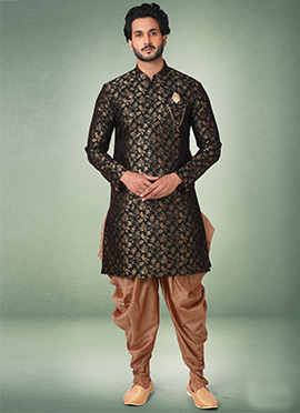 Dark Green Jacquard Silk Brocade Classic Sherwani