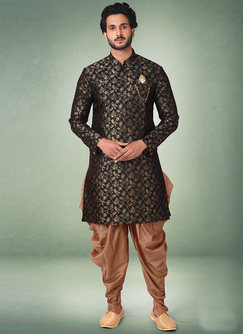 Dark Green Jacquard Silk Brocade Classic Sherwani Wedding Wear