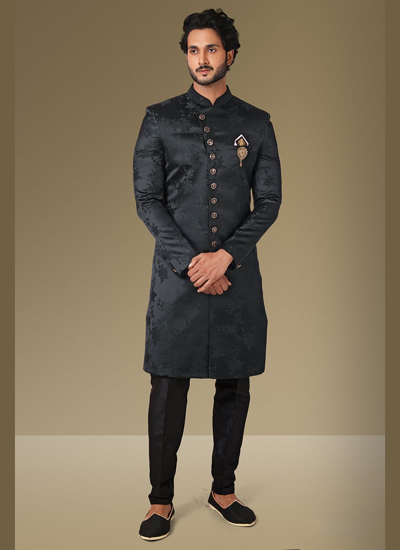 Dark Green Jacquard Silk Brocade Classic Sherwani Wedding Wear