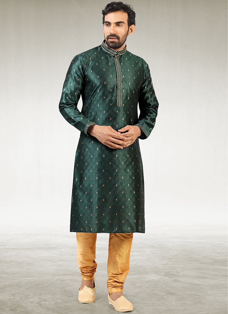 Dark Green Jacquard Silk Brocade Kurta Pyjama