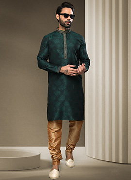 Dark Green Jacquard Silk Brocade Kurta Pyjama