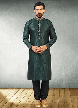 Dark Green Jacquard Silk Pintux Kurta Pyjama