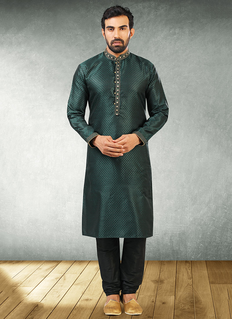 Dark Green Jacquard Silk Pintux Kurta Pyjama Party Wear