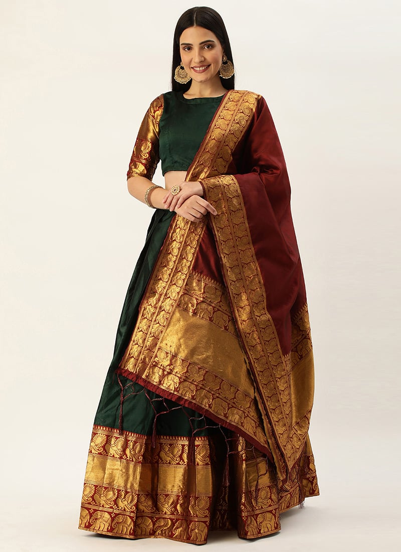 Dark Green Jacquard Silk Zari Embossed A Line Lehenga  Festive Wear