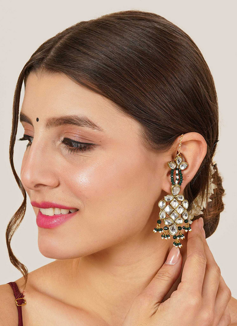 Dark Green Kundan And Beads Danglers After Six Wear