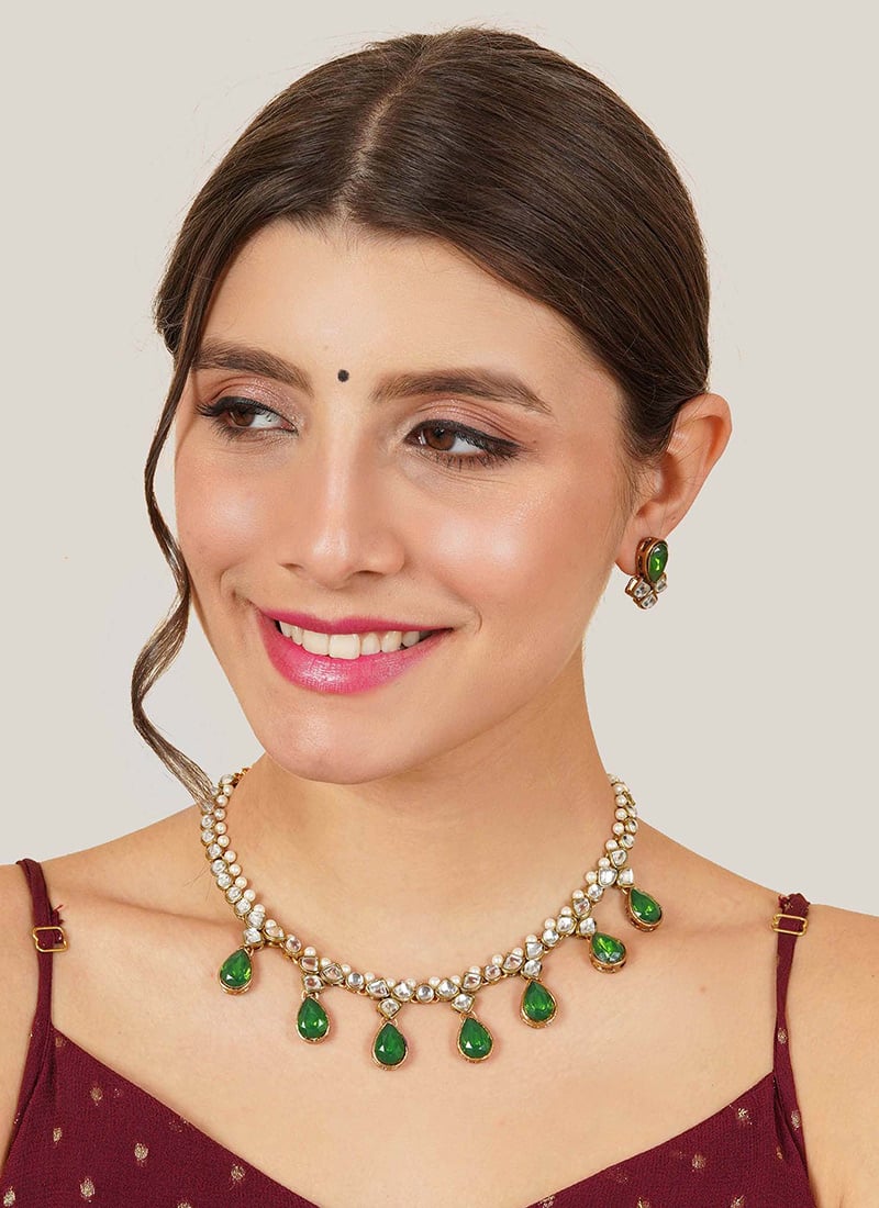 Dark Green Kundan And Moti Necklace Festive Wear