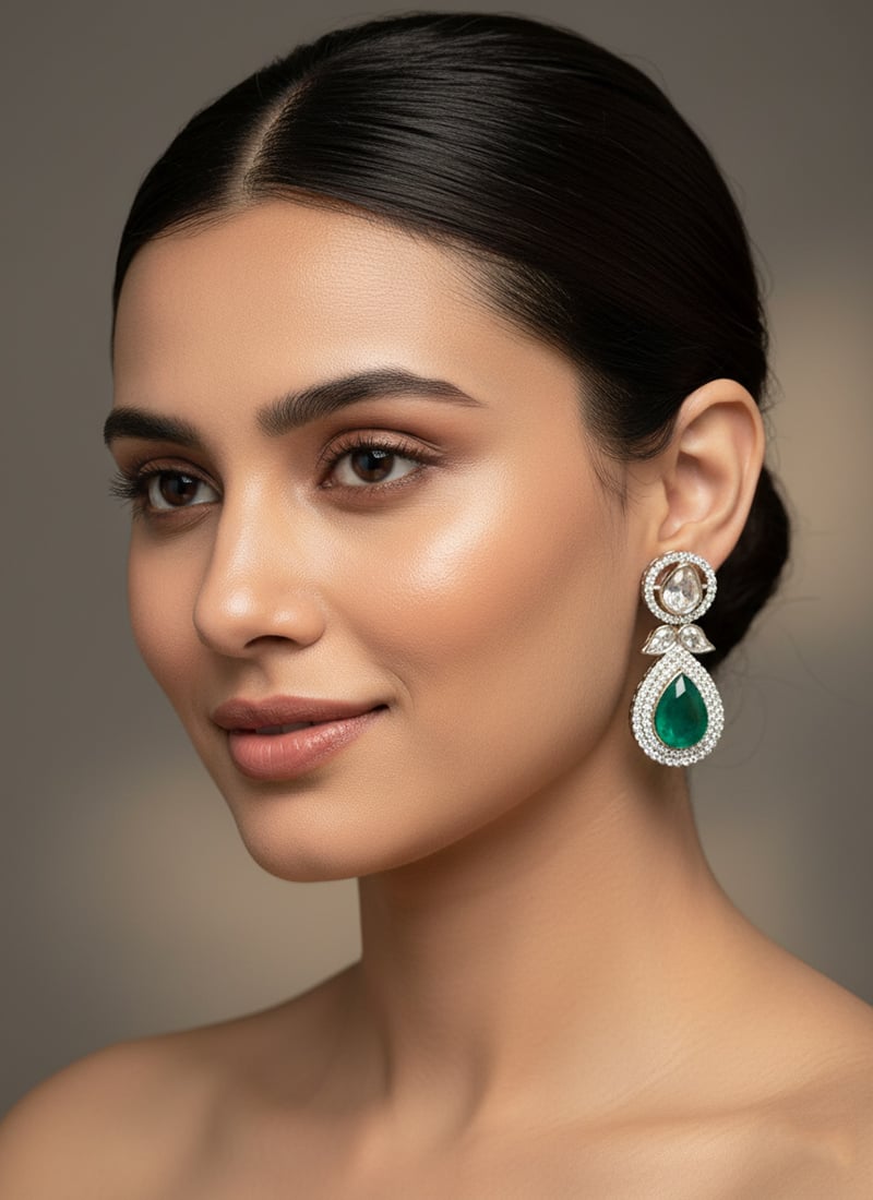 Dark Green Kundan And Stones Danglers