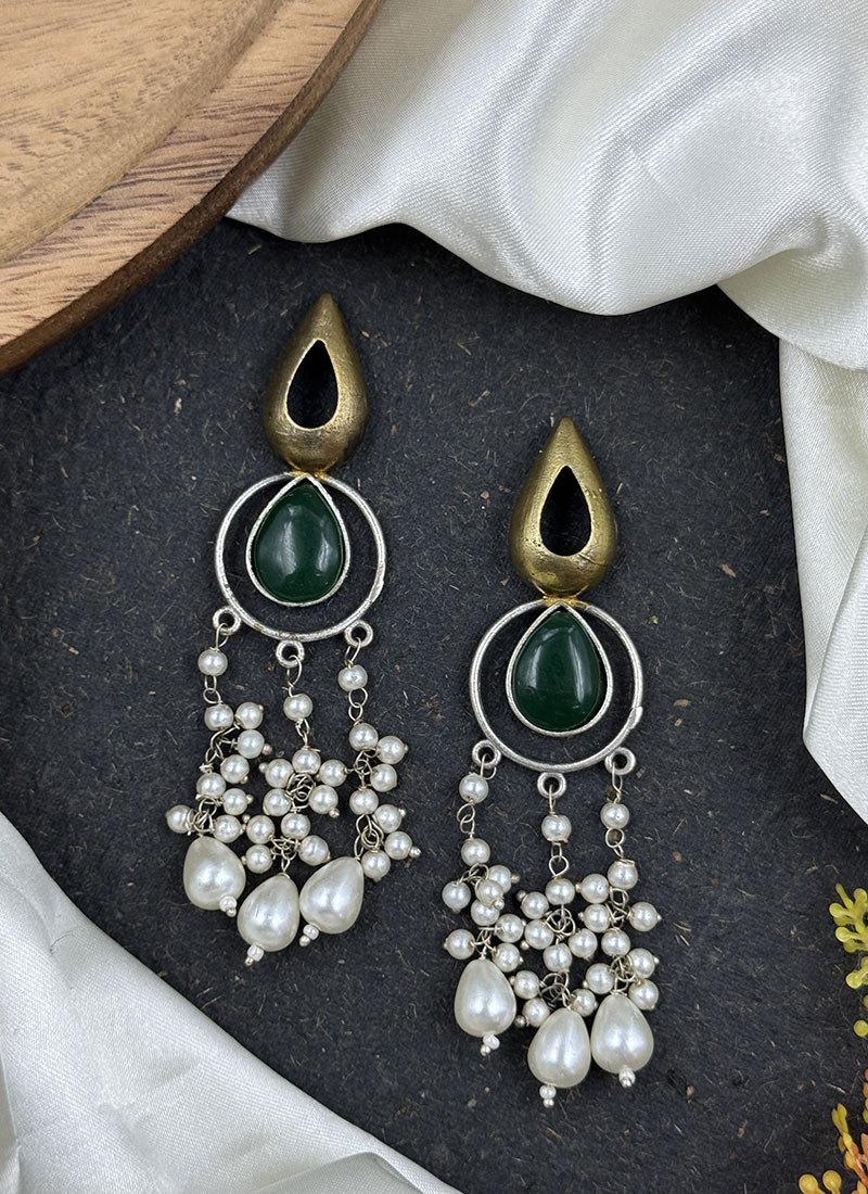 Dark Green Kundan Bead Embellished Danglers Festive Wear
